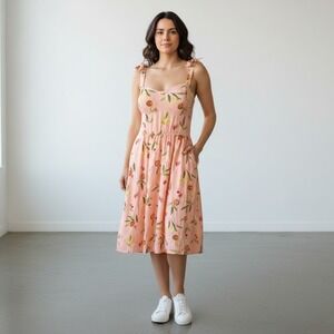 Lauren Conrad  Womens L Coral Novelty Fruit  Print Linen Smocked Corset Sundress